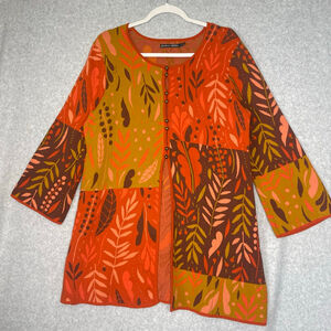Gudrun Sjödén Patchwork Knit Cardigan Leaf Print Scandinavian Boho L #YY